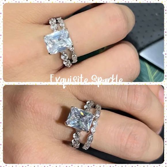 💍Stunning 18k White GP 2 Piece Radiant Cut Diamond Bridal Set - Picture 9 of 15